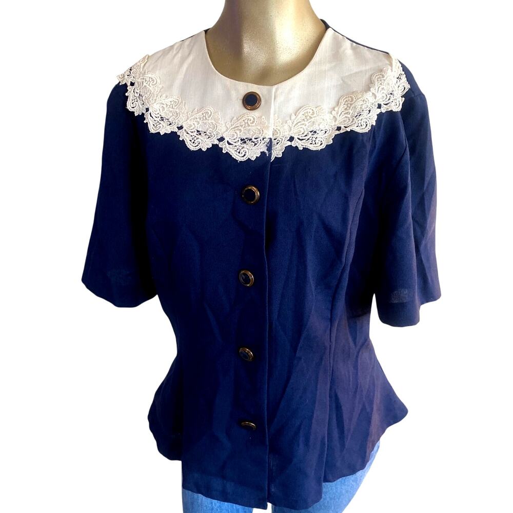 Vintage Manikin Navy Blue Lace Statement Collar Button Up Blouse Top Medium